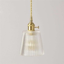 Brass Ribbed Glass Pendant Light Cone Shade With Twist Switch
