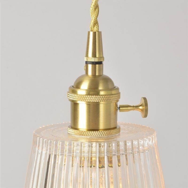 Brass Ribbed Glass Pendant Light Cone Shade With Twist Switch