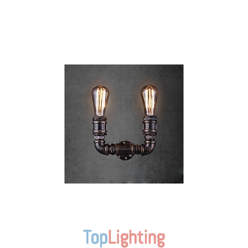 2 Lights Vintage Metal Water Pipe Wall Lamp With Edison Bulb