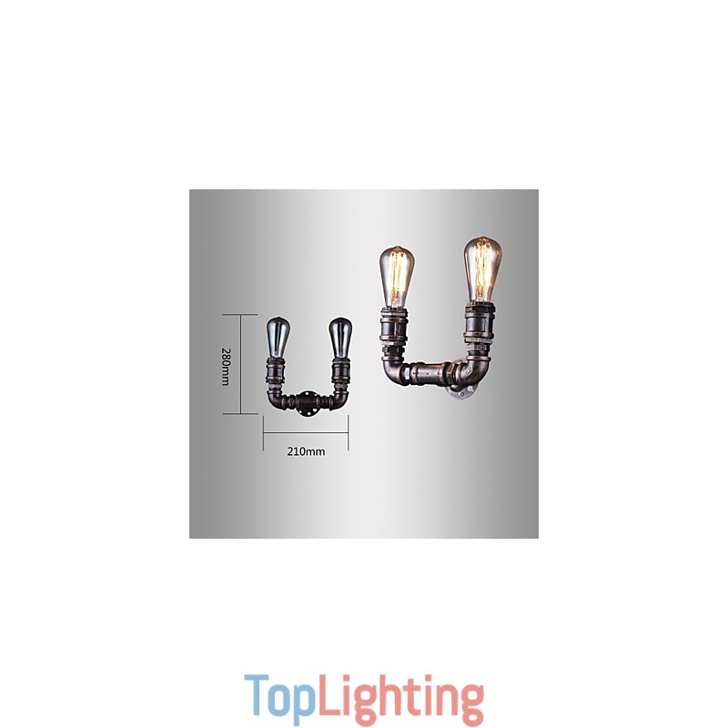 2 Lights Vintage Metal Water Pipe Wall Lamp With Edison Bulb