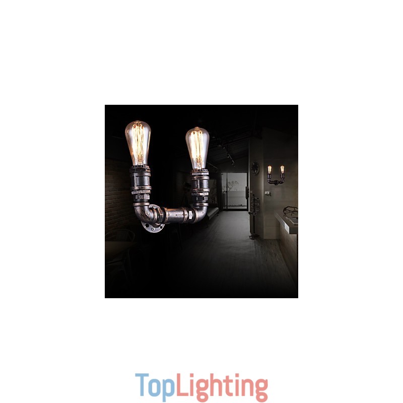 2 Lights Vintage Metal Water Pipe Wall Lamp With Edison Bulb