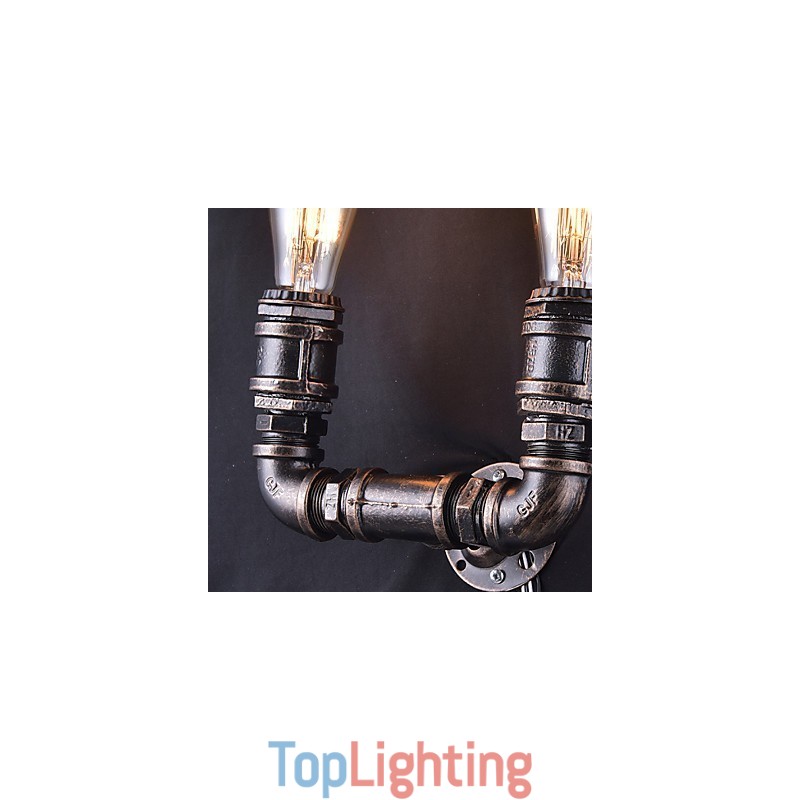 2 Lights Vintage Metal Water Pipe Wall Lamp With Edison Bulb
