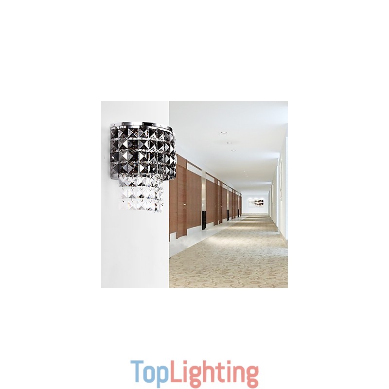 Modern Wall Light with Fabric Shade Metal Plate Crystal Decor Style