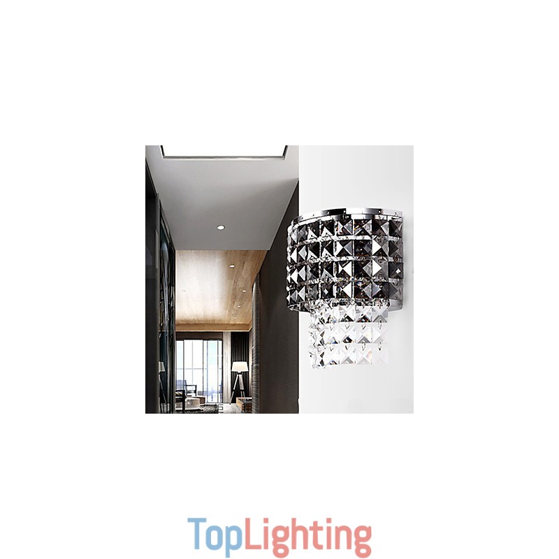 Modern Wall Light with Fabric Shade Metal Plate Crystal Decor Style