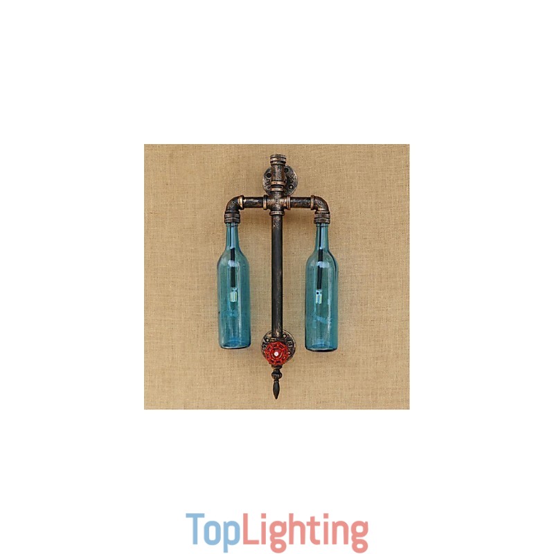 American Themed Restaurant Bar Iron With Switch Water Pipe Wine Bottle Wall Lamp Blue