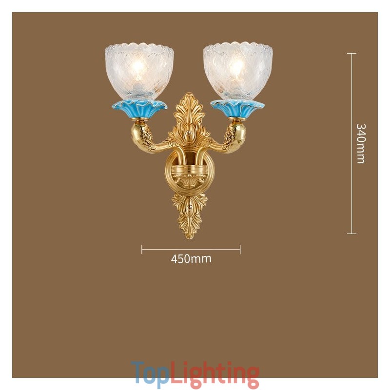 100% Pure Brass Luxurious Rustic Retro Vintage Brass Ceramics 2 Light Candle Wall Light with Glass Shades Special for Hotel Office Showroom Living Room Dinning Room