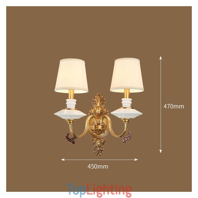 100% Pure Brass Luxurious Rustic Retro Vintage Brass Ceramics 2 Light Candle Wall Light with Fabric Shades Special for Hotel Office Showroom Living Room Dinning Room