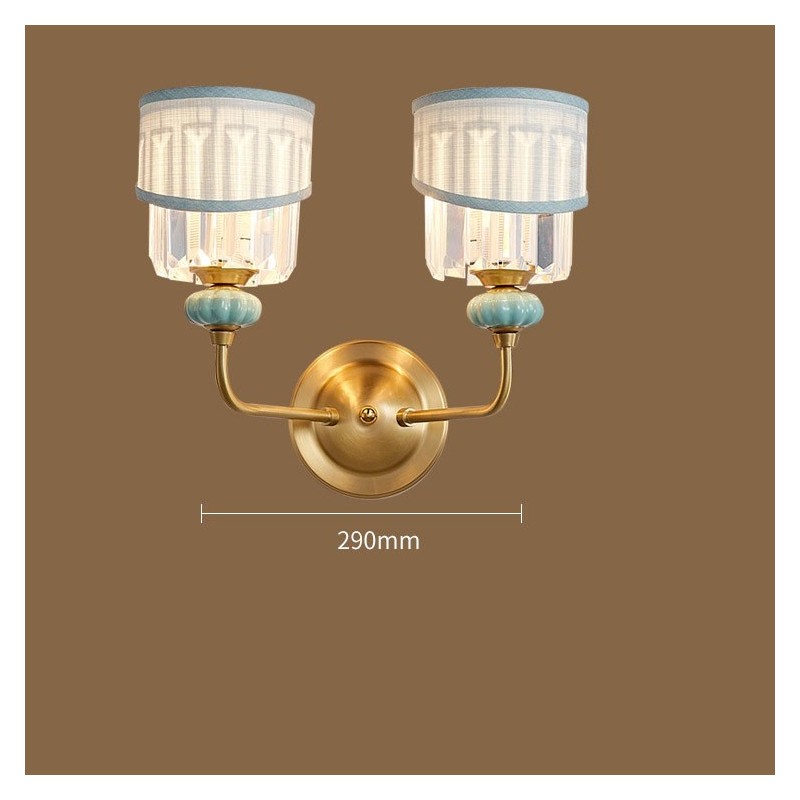 Pure Brass Luxurious Rustic Retro Vintage Brass Ceramics 2 Light Candle Wall Light with Fabric and Crystal Shades Special for Hotel Office Showroom Living Room Dinning Room