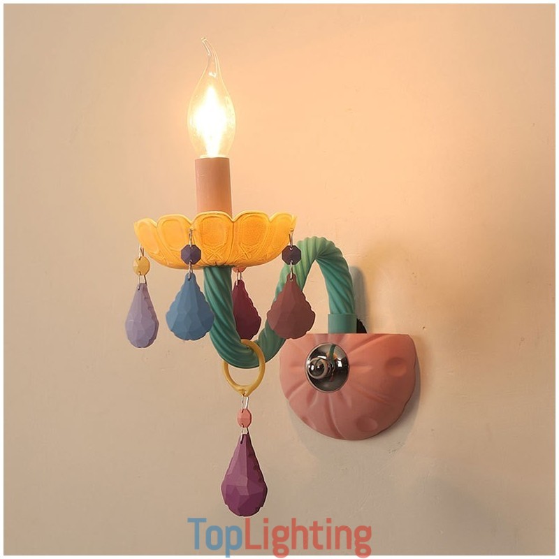 Macaron 1 Light Multi Crystal Candle Retro Glass Wall Light for for Kid's Room Children Bedroom