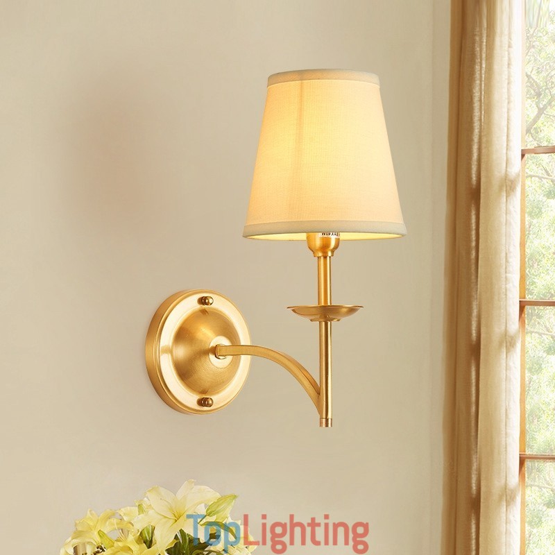 Pure Brass Luxurious Rustic Retro Vintage 1 Light Candle Wall Light with Fabric Shade Special for Hotel Bedroom Showroom Living Room Dinning Room