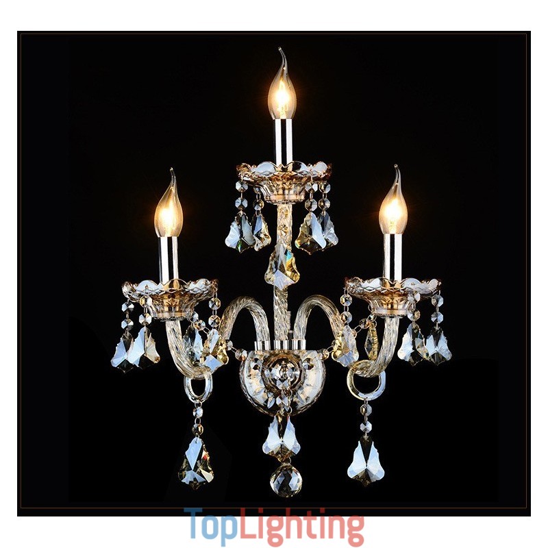 3 Light Matching Cognac Color K9 Crystal Candle Retro Glass Wall Light