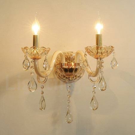 2 Light Gold K9 Crystal Candle Retro Glass Wall Light 2 Light Gold K9 Crystal Candle Retro Glass Wall Light