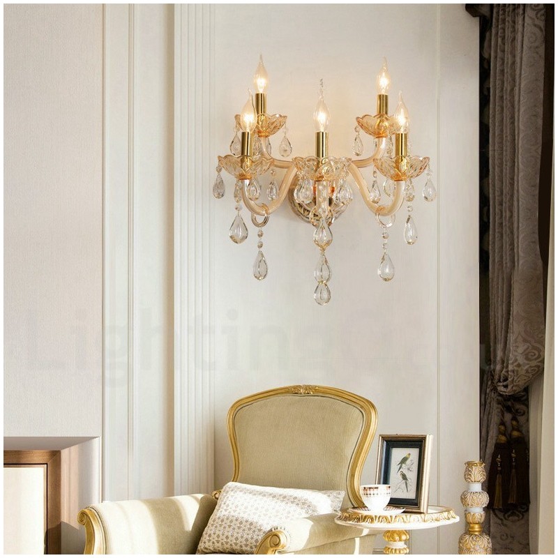 5 Light Gold K9 Crystal Candle Retro Glass Wall Light