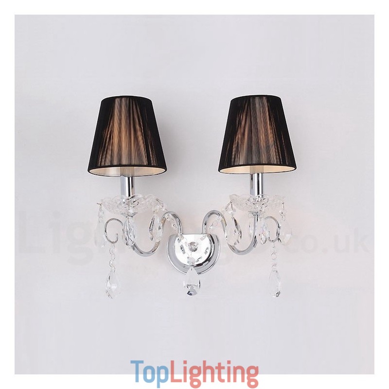 2 Light Chrome Silver Colour K9 Crystal Candle Retro Glass Wall Light with Black Fabric Shades