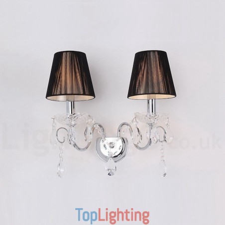2 Light Chrome Silver Colour K9 Crystal Candle Retro Glass Wall Light with Black Fabric Shades 2 Light Chrome Silver Colour K9 Crystal Candle Retro Glass Wall Light with Black Fabric Shades