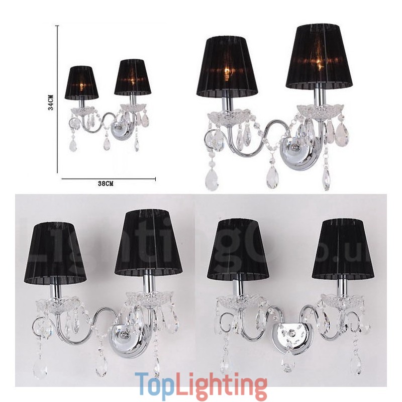2 Light Chrome Silver Colour K9 Crystal Candle Retro Glass Wall Light with Black Fabric Shades