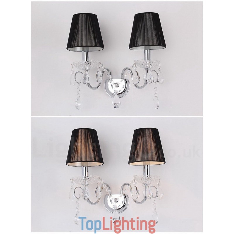 2 Light Chrome Silver Colour K9 Crystal Candle Retro Glass Wall Light with Black Fabric Shades