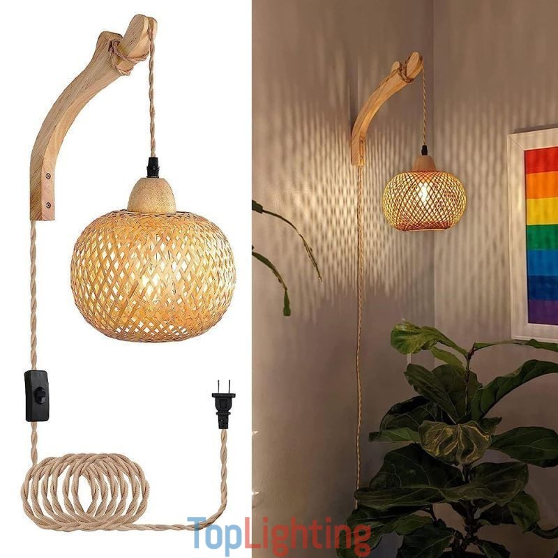 Bamboo Wall Sconce American Pastoral Retro Hemp Rope Wall Light With Plug