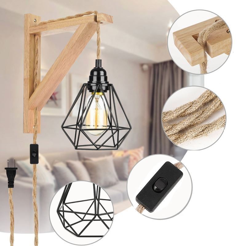American Retro Wall Sconce 2.5M Hemp Rope Hanging Wire Black Iron Painted Lampshade