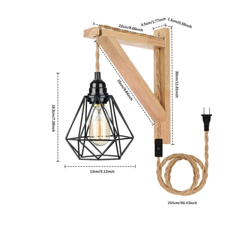 American Retro Wall Sconce 2.5M Hemp Rope Hanging Wire Black Iron Painted Lampshade