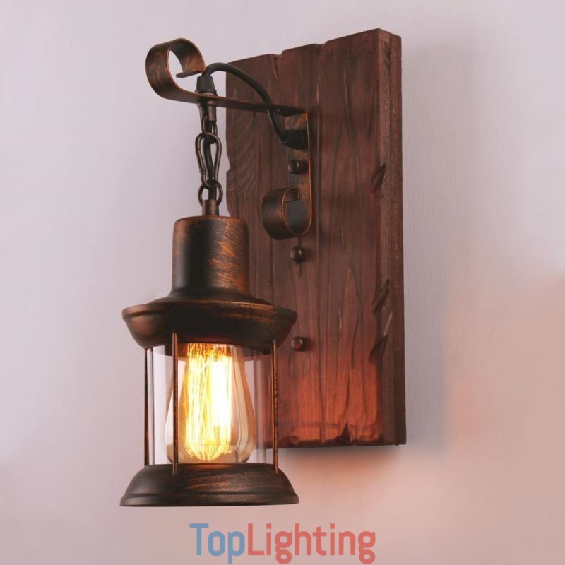 American Vintage Wall Light Industrial LOFT Wall Sconce Solid Wood Glass Lamp Light