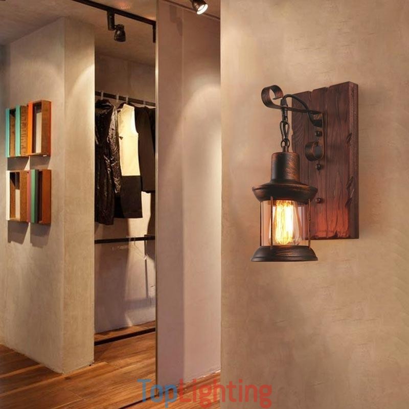 American Vintage Wall Light Industrial LOFT Wall Sconce Solid Wood Glass Lamp Light