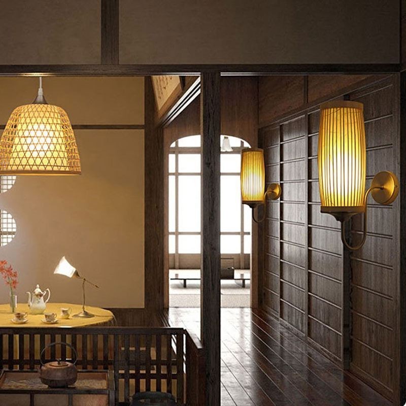 Waist Drum Design Wall Light Creative Bamboo Wall Sconce Bedside Stairs Rural Lighting