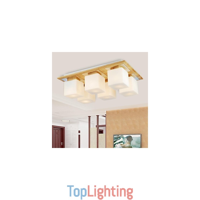 Oak Ceiling Lamp Six Lights Oak and Glass 220~240V
