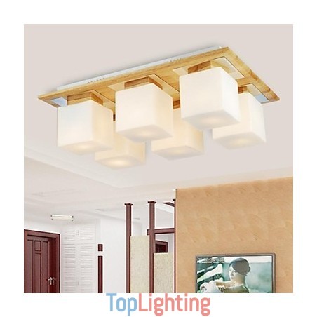 Oak Ceiling Lamp Six Lights Oak and Glass 220~240V Oak Ceiling Lamp Six Lights Oak and Glass 220~240V