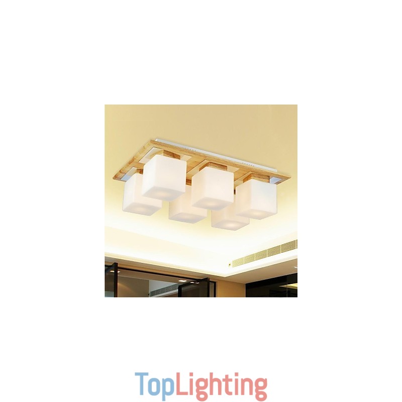 Oak Ceiling Lamp Six Lights Oak and Glass 220~240V