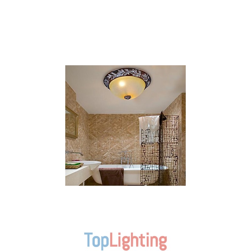 Flush Mount Light White Yellow Glass Resin Silver Carving European Classic