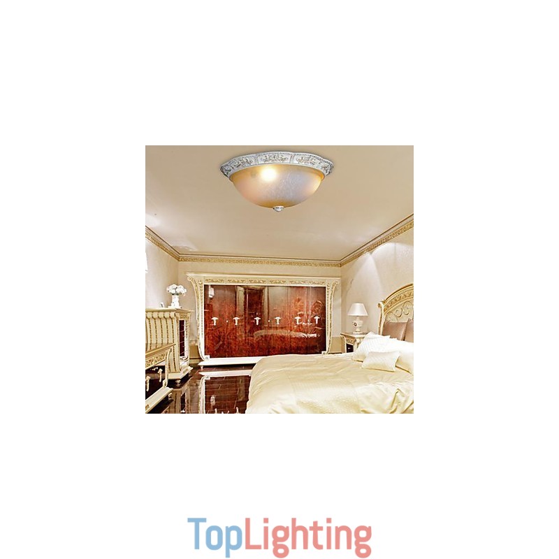 White Flush Mount Light Yellow White Glass Resin Pattern Carving European Classic