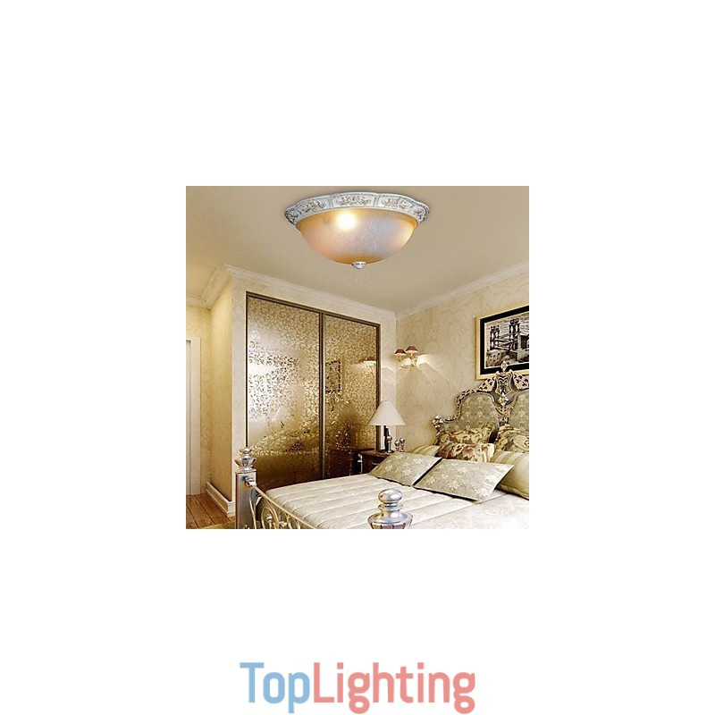 White Flush Mount Light Yellow White Glass Resin Pattern Carving European Classic