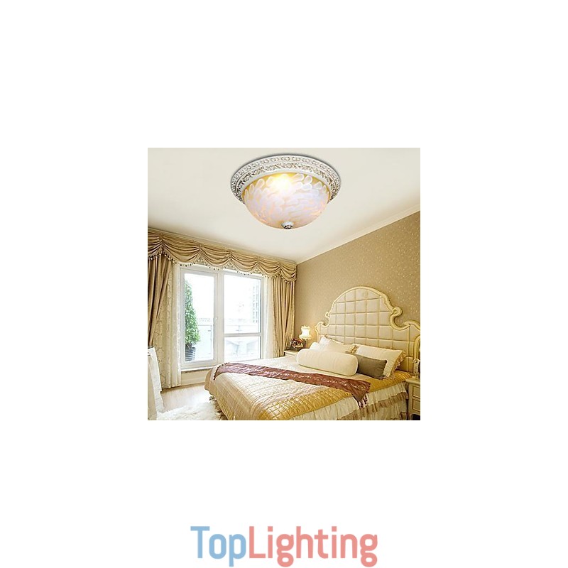 White Flush Mount Light Pattern Glass Resin Gold Carving European Classic
