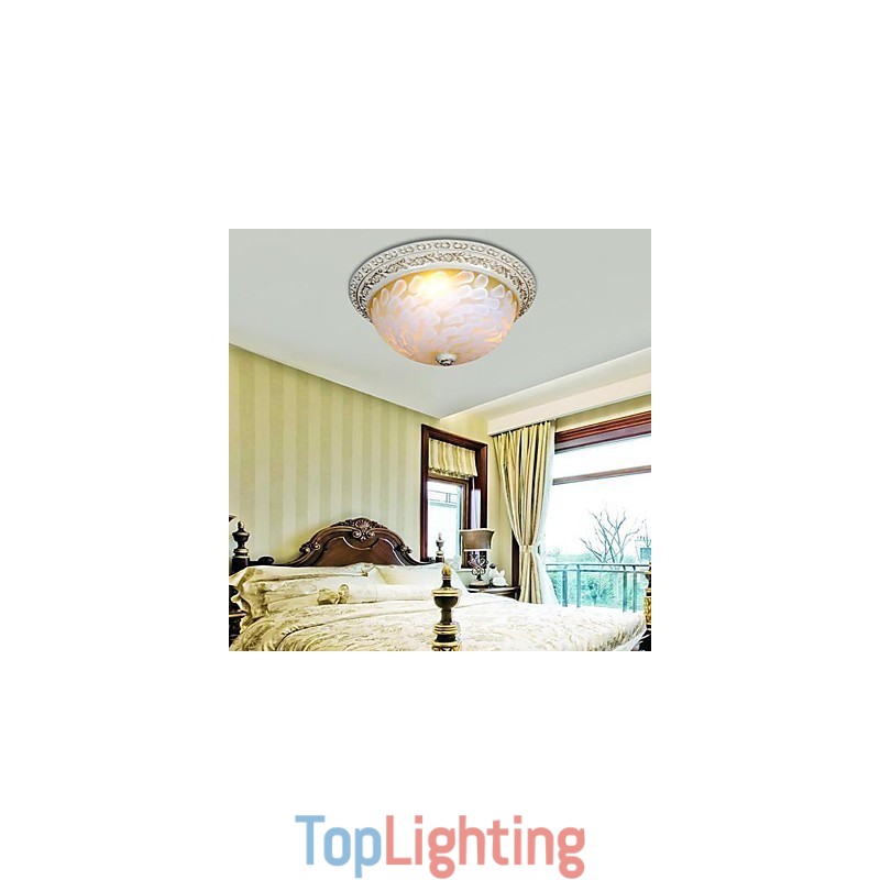 White Flush Mount Light Pattern Glass Resin Gold Carving European Classic