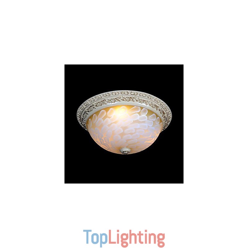 White Flush Mount Light Pattern Glass Resin Gold Carving European Classic