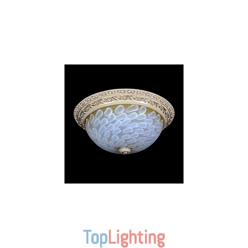 White Flush Mount Light Pattern Glass Resin Gold Carving European Classic