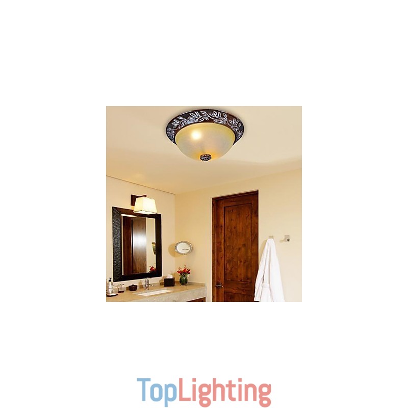 Flush Mount Light White Yellow Glass Resin Silver Carving European Classic