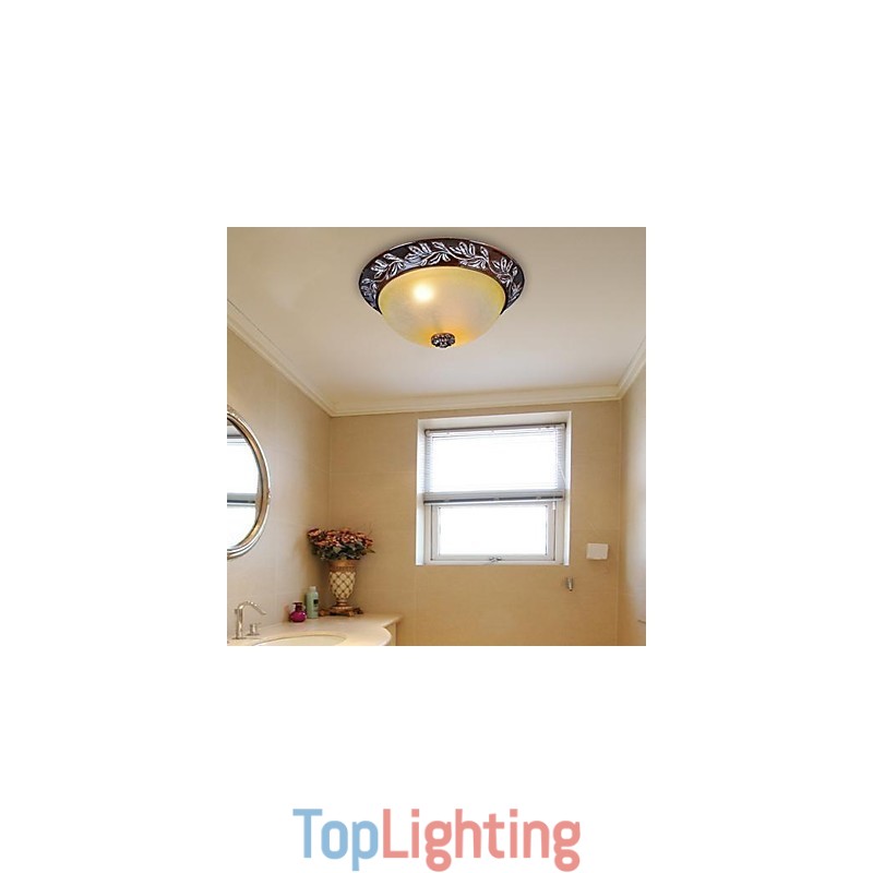 Flush Mount Light White Yellow Glass Resin Silver Carving European Classic
