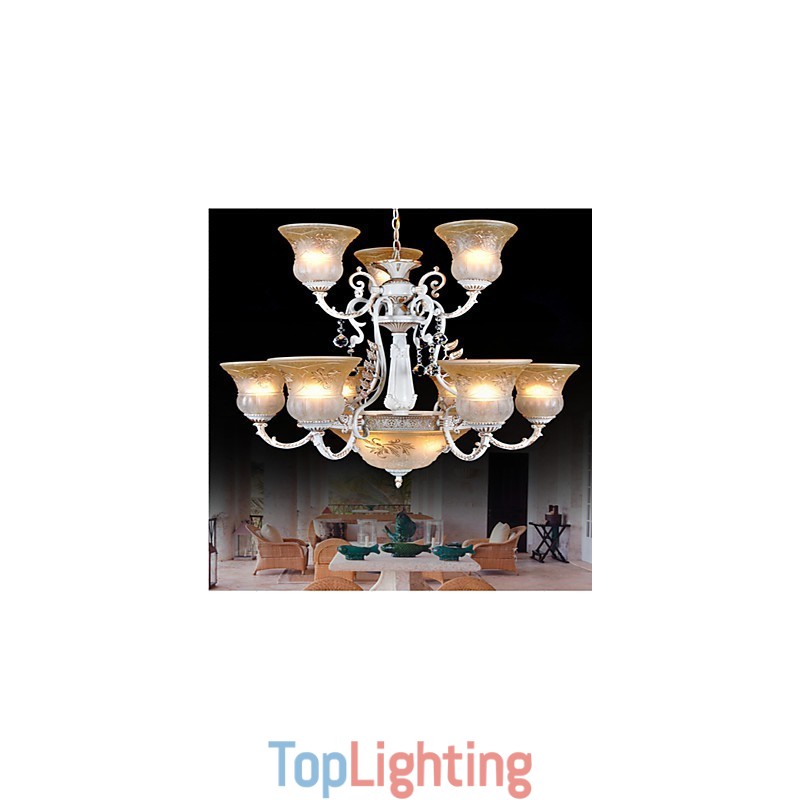 White Chandelier Twelve Lights Pattern Glass Shade Hand Gilt European Retro Classic