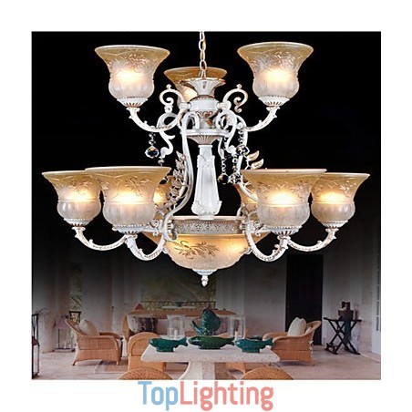White Chandelier Twelve Lights Pattern Glass Shade Hand Gilt European Retro Classic White Chandelier Twelve Lights Pattern Glass Shade Hand Gilt European Retro Classic