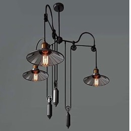 Vintage Pully Pendant Light 3 Island Foyer Metal+ Galss inside shade