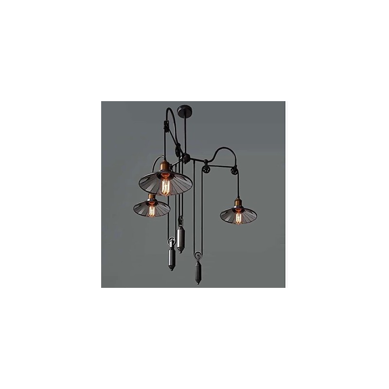 Vintage Pully Pendant Light 3 Island Foyer Metal+ Galss inside shade