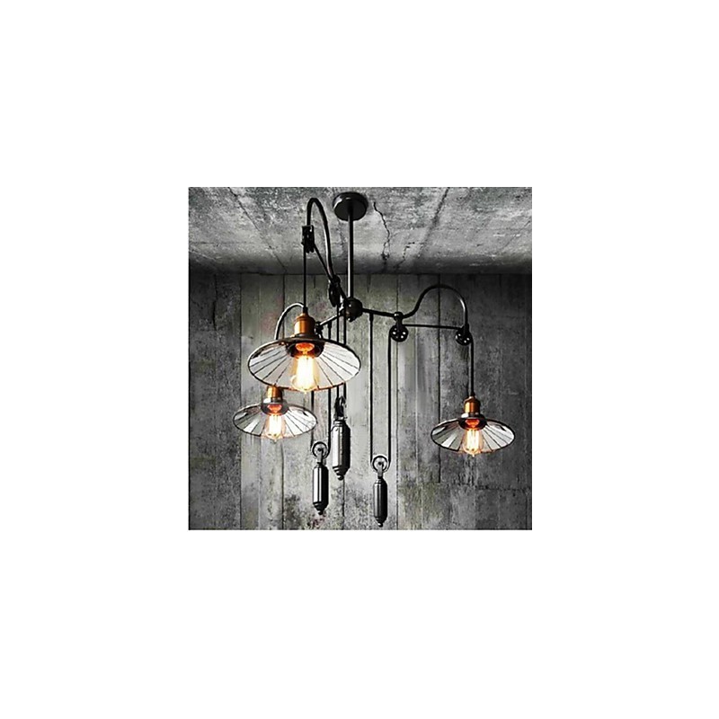 Vintage Pully Pendant Light 3 Island Foyer Metal+ Galss inside shade