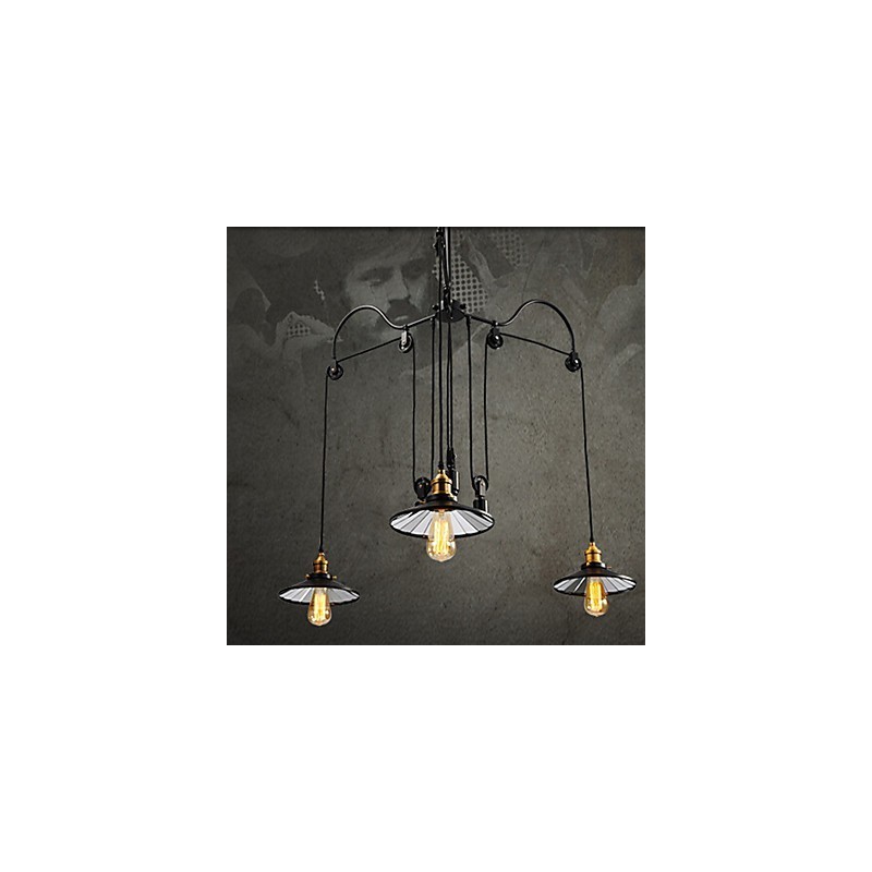 Vintage Pully Pendant Light 3 Island Foyer Metal+ Galss inside shade