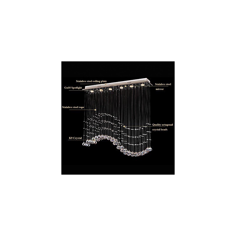 Pendant Light 6 Lights Modern Silver Canpoy Transparent Crystal Waves Ceiling Lighting Fixtures