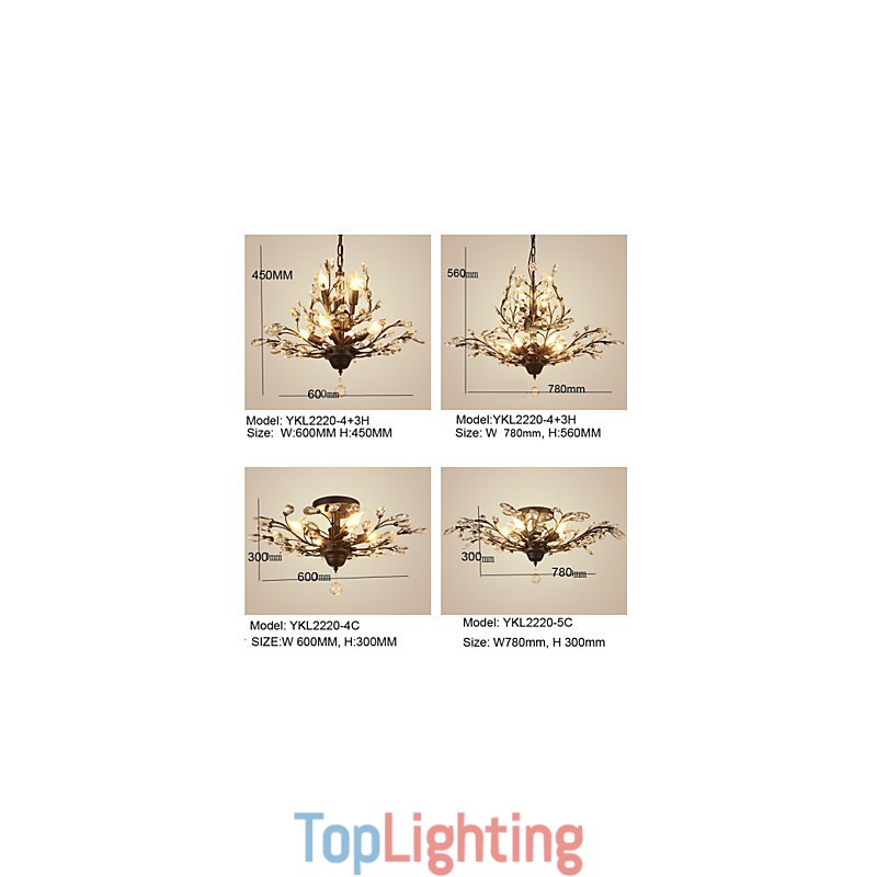 Vintage Crystal Flush Mount 7Lights Metal Painting Black OR Gold